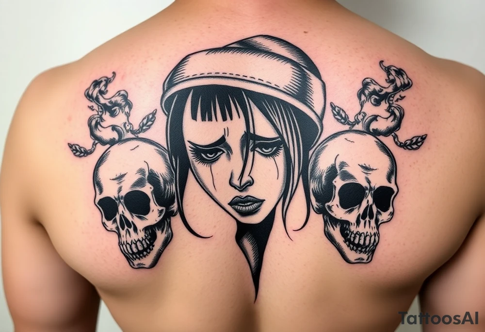 Gangsta sadgirl crying looks gangsta with smoke and skulls tattoo idea