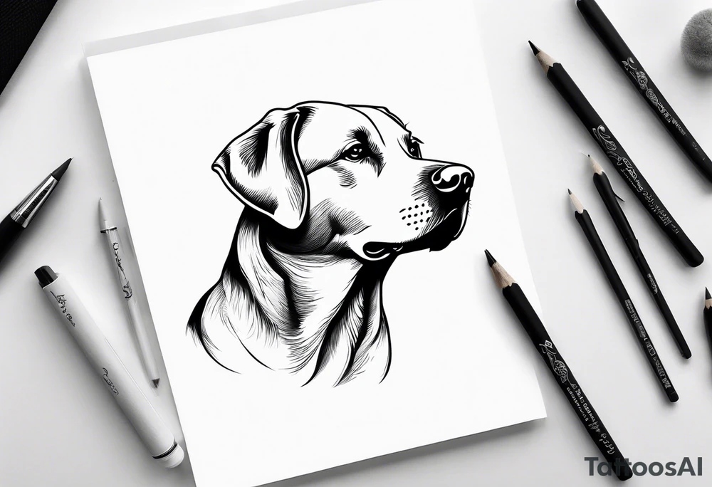 Generate a simple tattoo of a sitting Labrador Retriever, focusing on its friendly face and expressive eyes in a minimalist style tattoo idea