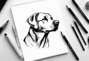 Generate a simple tattoo of a sitting Labrador Retriever, focusing on its friendly face and expressive eyes in a minimalist style tattoo idea