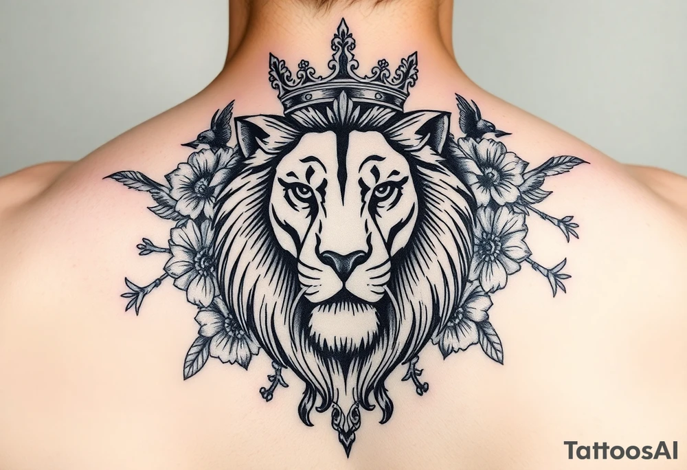 powerful majestic lion with a crown, surrounded by floral ornaments and birds tattoo idea