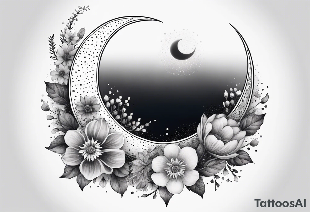 Crescent moon with a heart inside, shrouded by beautiful flowers with wisps of mist tattoo idea