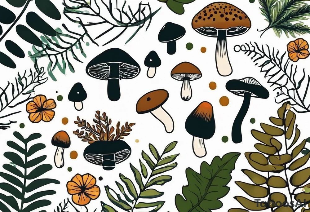 minimalistic forest floor inspired tattoo, which includes grass, moss, curly ferns and dead leaves as the bulk of the tattoo. details to include: forest berries, couple of very small brown mushrooms, a tiny bumblebee flying nearby tattoo idea