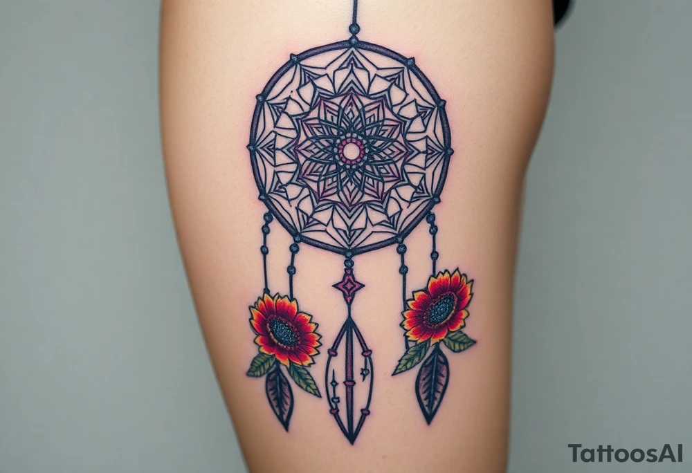 Dreamcatcher with zodiac symbols and protection runes caught in it with tigerlillies roses and sunflowers tattoo idea