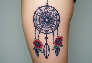 Dreamcatcher with zodiac symbols and protection runes caught in it with tigerlillies roses and sunflowers tattoo idea