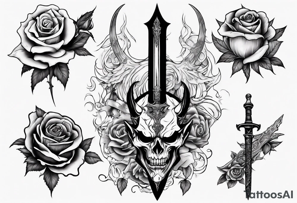 Demon with roses and sword tattoo idea