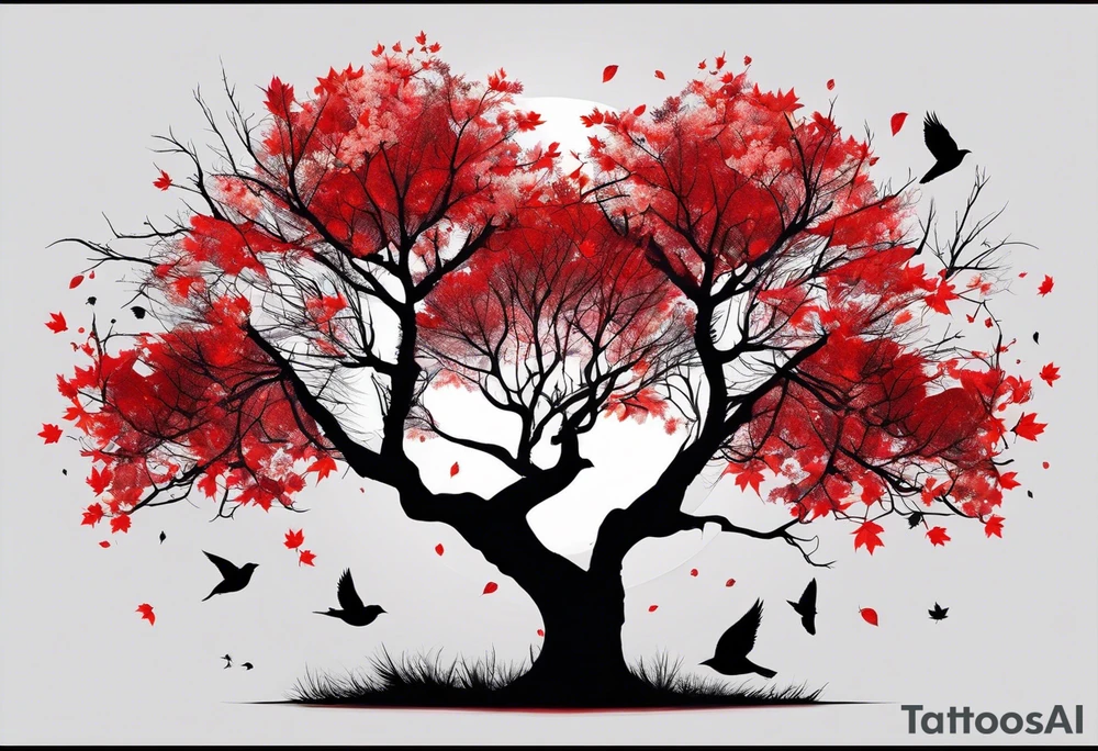 trash polka style. Arm tattoo. chest tattoo. Long tattoo. large tattoo. Full sleeve. Shoulder. A single large maple tree with red autumn leaves that branches upwards from wrist to shoulder. White-throated dipper bird on the trees branches. Calluna flowers at the base of the trees stem. Tree stem has dark colors. Red/yellow sunset behind the trees stem. Leaves falling. tattoo idea