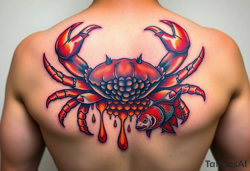 Powerful crab sureounded by dripping honey comb and coi fish tattoo idea