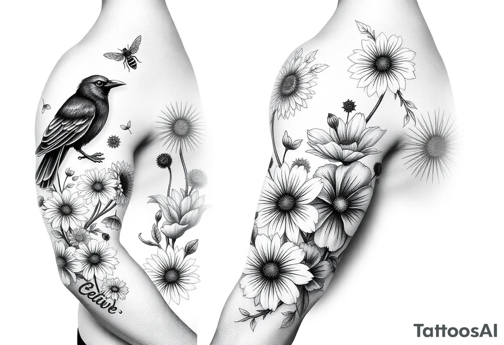 shoulder and three quarter sleeve.  Include crow, honey bee, dandelion puffball, daisy, poppy flower, hawaii flower, dragon flower, the word believe, sprite fairy, dog wood flower, dates: 01/20/85, 5/31/91, 6/10/99, surrounded by floral ornaments and leaves tattoo idea