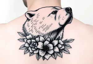 powerful majestic polar bear with flowers from Nunavut and representing pain, anger love and healing for front of neck tattoo idea