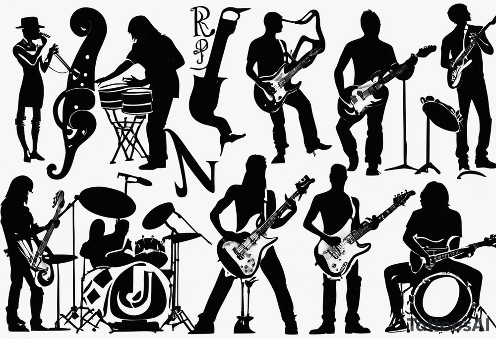 shadows of band members playing instruments. The letters R and J can be found incorporated subliminaly. tattoo idea