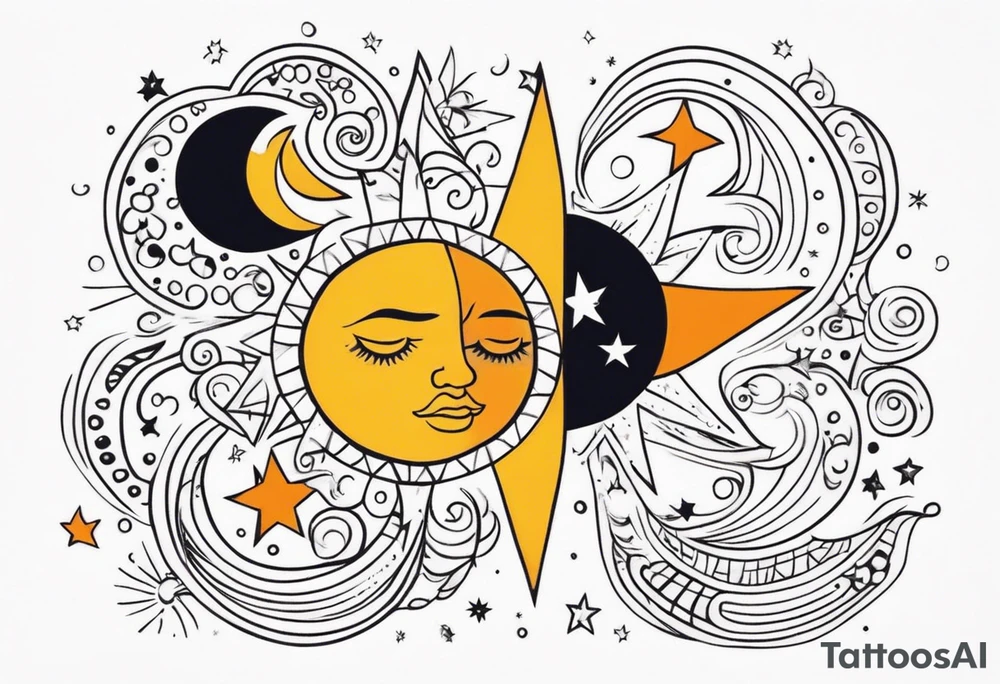 mexican sun stars and moon. Mirrored with swirls and dots and stars tattoo idea