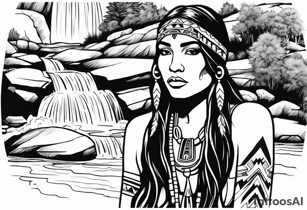 A native American Indian woman by a waterfall she is Aquarius water barrer she has tattoos and her eyes can see right through you tattoo idea