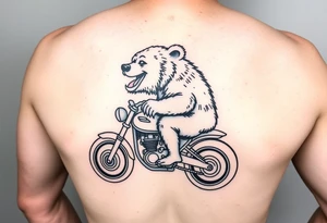 large smiling brown bear riding a motorcycle in side profile tattoo design tattoo idea