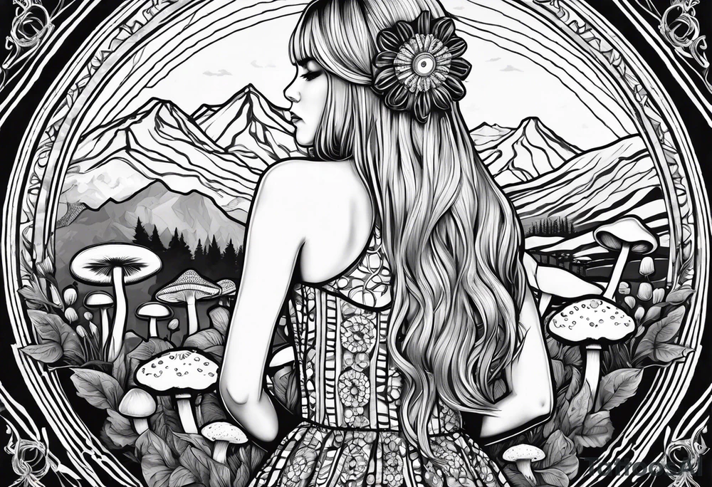 Straight blonde hair girl holding mushrooms in hand facing away toward mountains surrounded by mushrooms mandala circular design black and white striped dress tattoo idea