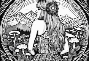 Straight blonde hair girl holding mushrooms in hand facing away toward mountains surrounded by mushrooms mandala circular design black and white striped dress tattoo idea