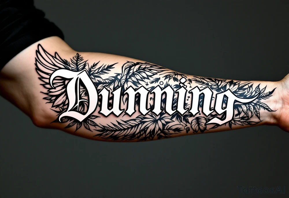 Dunning, left forearm details include angel wing on right side, greek type of font,jungle leaves, name is big and in white color tattoo idea