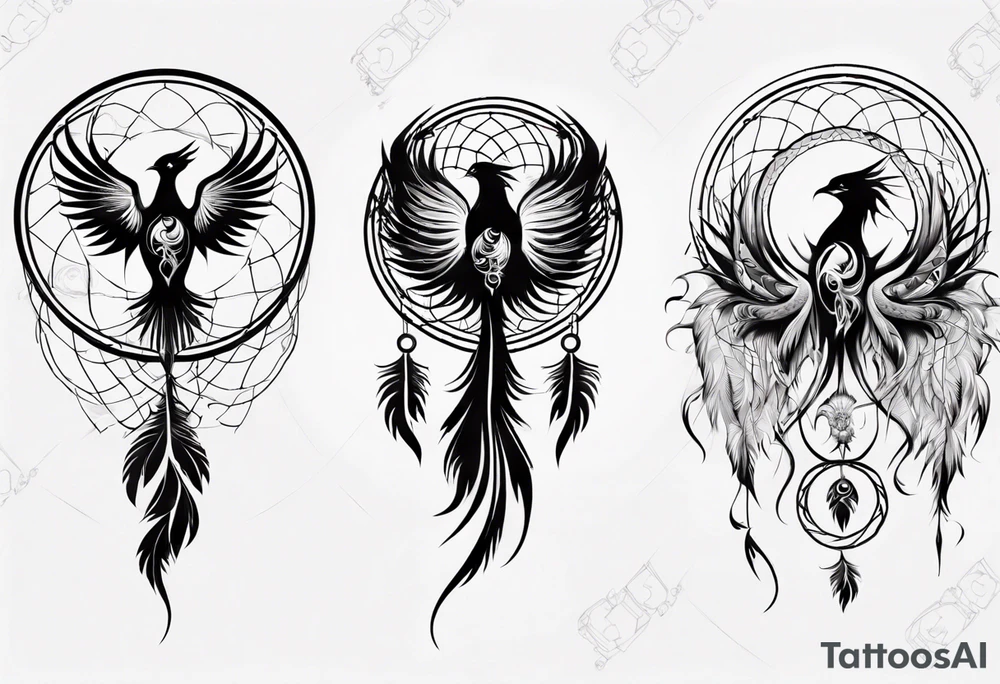Vertical powerful Phoenix in circles with abstract dream catcher tail tattoo idea