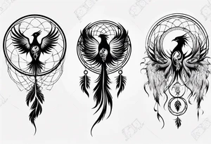 Vertical powerful Phoenix in circles with abstract dream catcher tail tattoo idea
