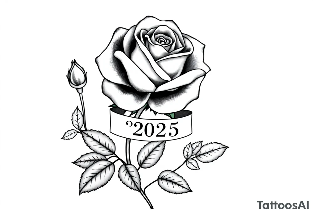 two beautiful large rose buds, one larger than the other, with many leaves next to the rose buds, with one sitting higher than the other. Include a banner connecting the two roses with the year "2025" on it.   Use dark outlines with little shading. The two stems should be short, not long, and connect and join into one stem, whimsically curved or twisted - not straight down. tattoo idea