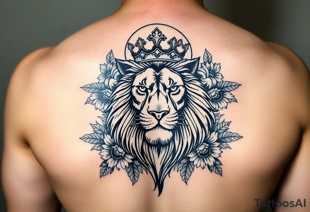 powerful majestic lion with a crown, surrounded by floral ornaments and moon tattoo idea