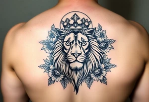 powerful majestic lion with a crown, surrounded by floral ornaments and moon tattoo idea