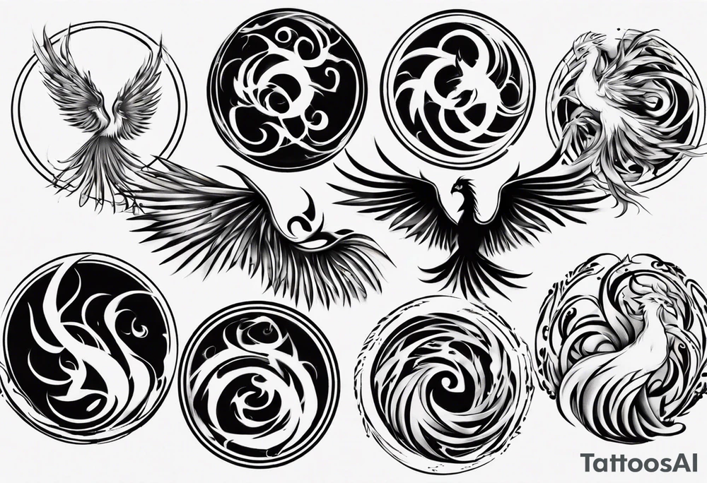 Phoenix rising blending in circles tattoo idea