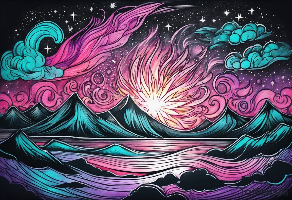 Pink purple teal Bonfire flames turning into northern lights and stars tattoo idea