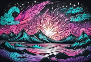 Pink purple teal Bonfire flames turning into northern lights and stars tattoo idea