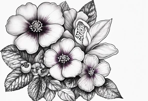 wildlower tatto with 2 violets as the focal point.  1 small blueberry and 1 small raspberry tattoo idea