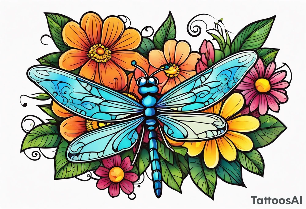 Dragonflies and flowers tattoo idea