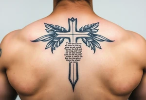 A cross with scripture surrounded by Micronesian tribal tattoo idea