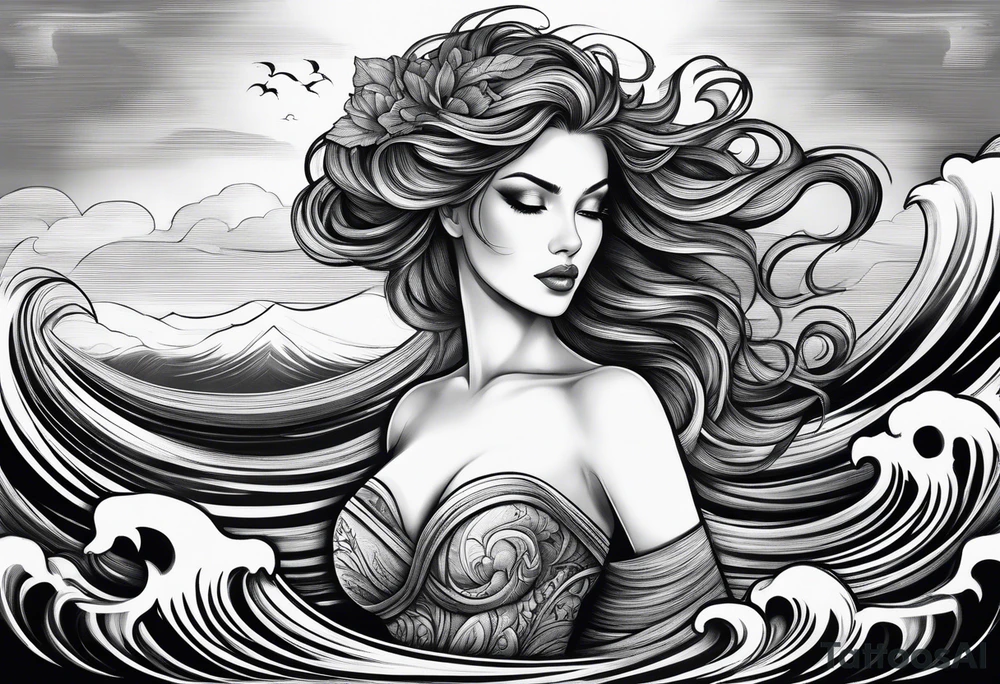 goddess, stormy sea, full length tattoo idea