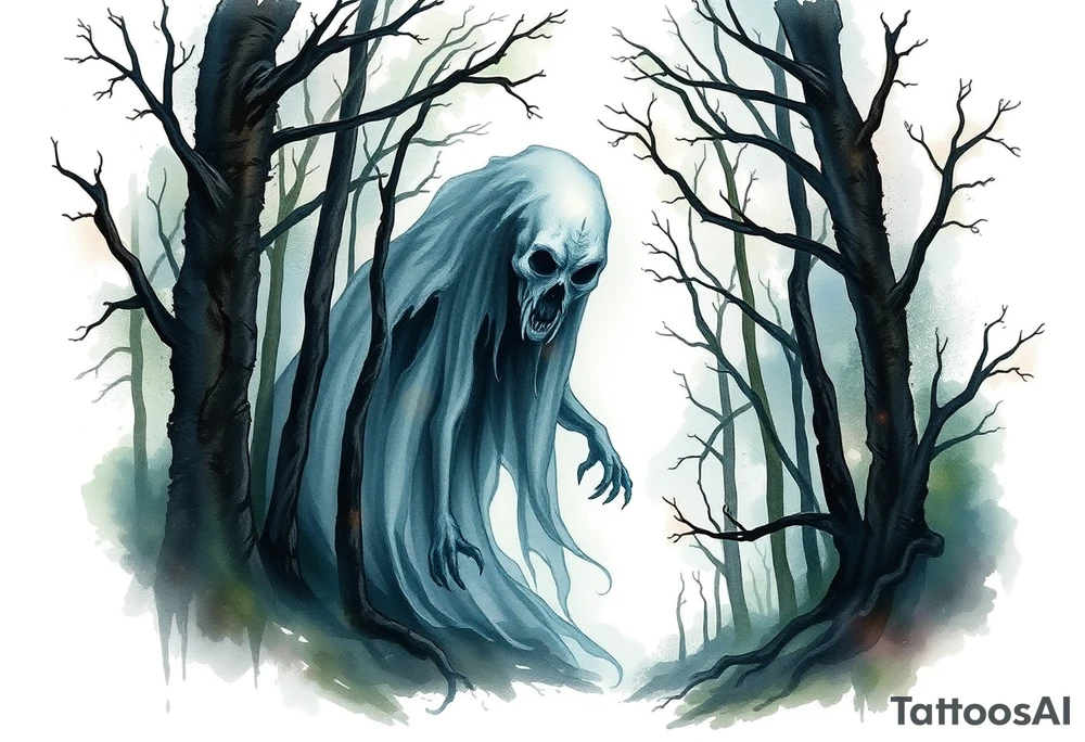 Eerie ghost looking creature in the woods tattoo idea