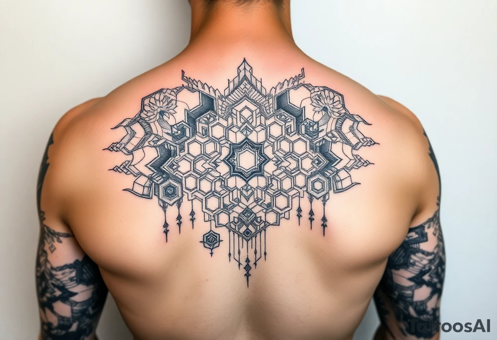 design a full sleeve tattoo that consists of a base layer of abstract hexagon pattern overlaid with a little blackwork abstract while incorporating the top tattoo and integrating slight biomech designs tattoo idea