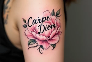 "Carpe Diem" in fine-line black ink curling around a soft pink peony. tattoo idea