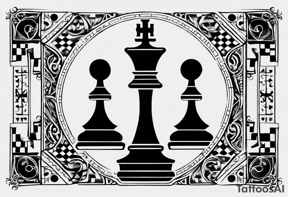 A black-and-white tattoo design representing the idea that life is a game. Incorporate elements like a chessboard or playing cards to symbolize strategy and chance, with pieces or cards scattered to suggest unpredictability. Add a subtle hourglass or clock to represent time running out, blending into the game theme. Use surreal, abstract shapes or geometric patterns to suggest a maze-like journey or a complex path. The overall tone should be slightly playful but with a hint of philosophical depth, using shading and contrast to give it a dramatic, bold look tattoo idea