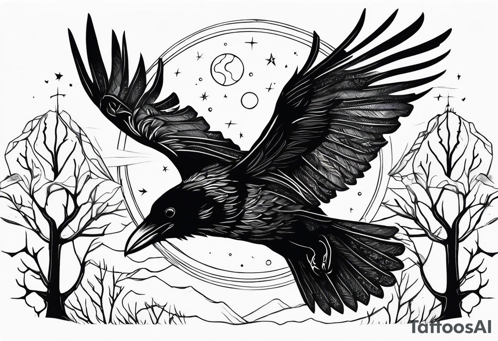 Raven flying, occult, mystical, knowing, light behind its eyes, ethereal, night sky and trees in the background tattoo idea