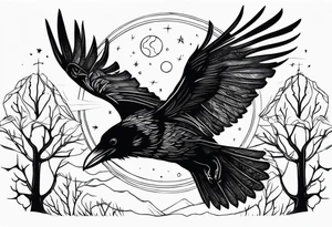 Raven flying, occult, mystical, knowing, light behind its eyes, ethereal, night sky and trees in the background tattoo idea