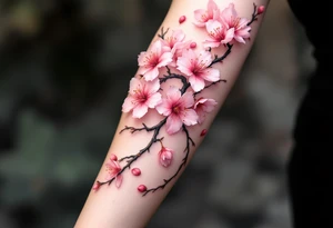 A pink cherry blossom branch gently falling across the skin, symbolizing the fleeting nature of life. tattoo idea