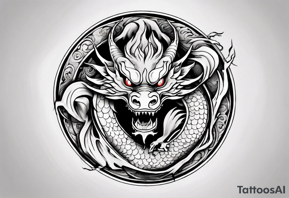 Chinese dragon in a circular shape with "02.03" written on its skin tattoo idea
