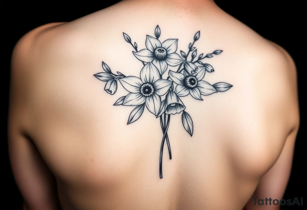 shoulder tattoo for women with bouquet of daffodils, daisy, lily of the valley tattoo idea