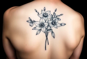 shoulder tattoo for women with bouquet of daffodils, daisy, lily of the valley tattoo idea