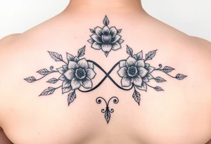 January December july birth Flower infinity sign and the names Jayden Maya tattoo idea