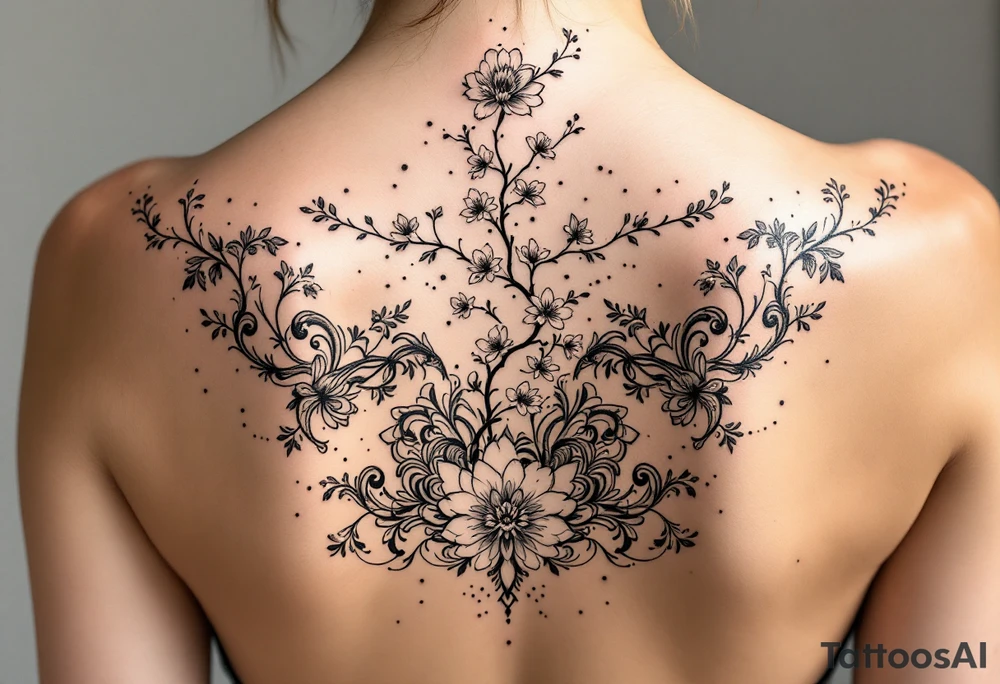 1.	Cherry Blossom Flow (Central Spine): A cascading cherry blossom flowing vertically along the spine to cover the central portion of the existing tattoo. Symmetrical patterns inspired by ornamental designs, with intricate curves and dotwork extending outward from the base of the spine. These elements should balance the floral motif and enhance the lower back area with a decorative, feminine flair.
	3.	Dotwork and Contouring: Delicate linework and dot patterns should be added around the floral design to give texture and seamlessly blend the tattoo with the surrounding skin. The ornamentation should curve naturally along the shape of the body, creating a cohesive, elegant look. tattoo idea