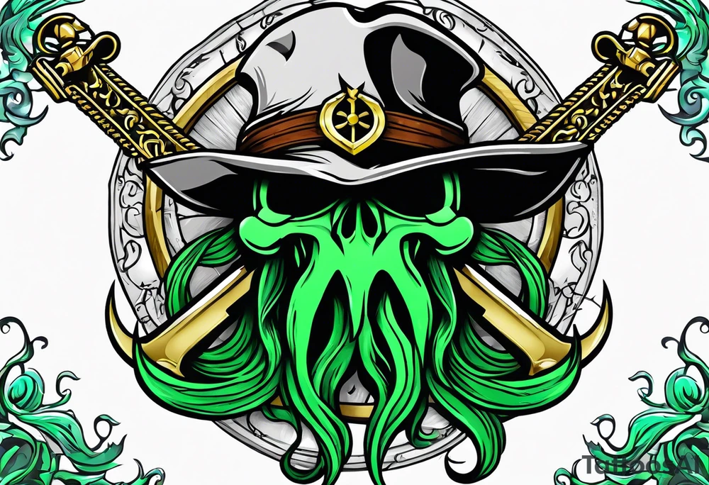 green pirate squid holding sword and anchor tattoo idea