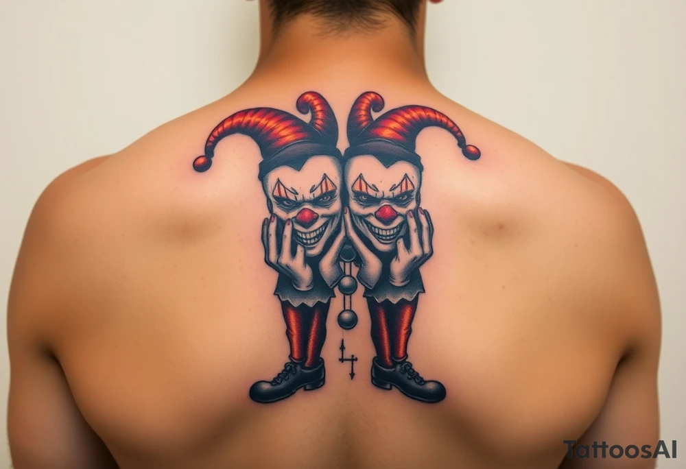 a toxic jester clowns standing behind each other holding cheeks up to smile tattoo idea