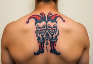 a toxic jester clowns standing behind each other holding cheeks up to smile tattoo idea