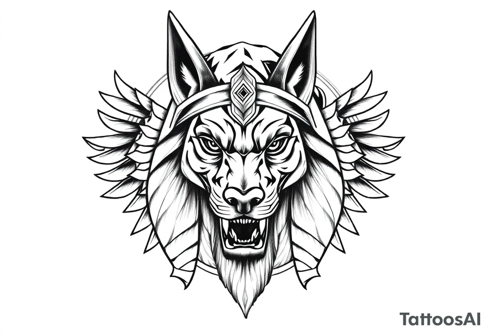 Anubis god powerful face muscle in Egypt style with mantle on head dog face surrounded Egyptian symbols tattoo idea