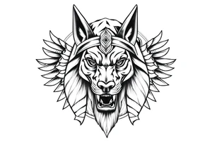 Anubis god powerful face muscle in Egypt style with mantle on head dog face surrounded Egyptian symbols tattoo idea