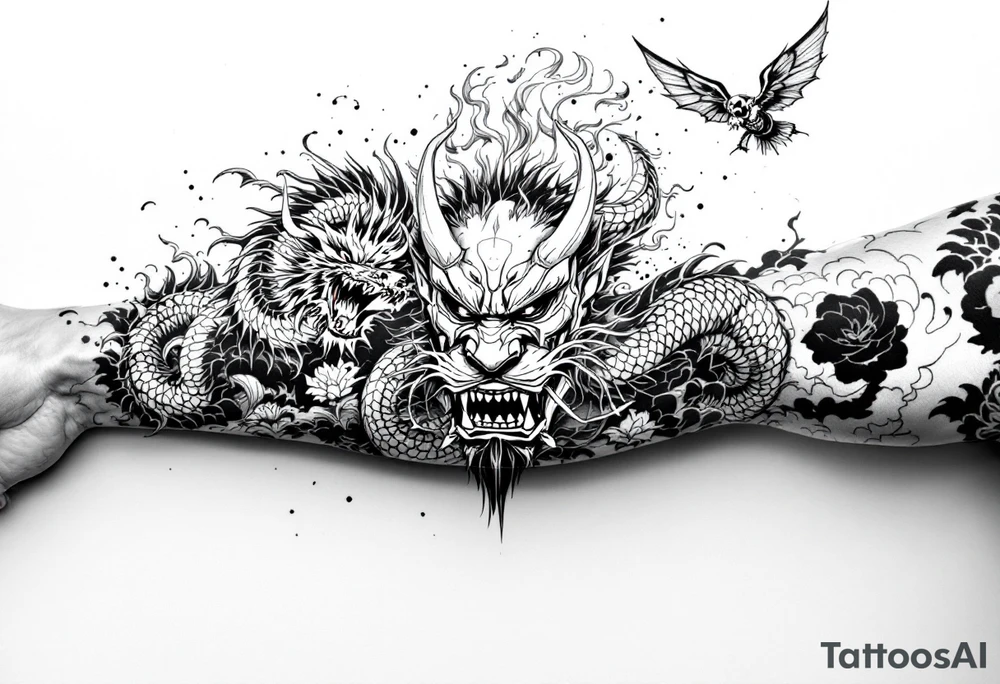 Japanese style with an oni mask, dragon and samurai warrior tattoo idea